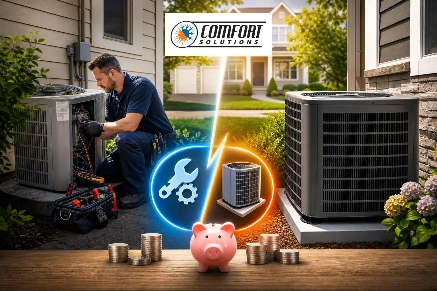 Comfort Solutions HVAC technician repairing an older air conditioner outside a West Haven, Utah home, with a newer unit on the other side, coins and a piggy bank in the foreground, illustrating AC repair versus replacement costs for homeowners.