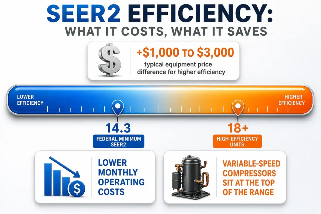 Gauge infographic showing SEER2 efficiency ratings from the 14.3 federal minimum to 18+ high-efficiency units, with the $1,000-$3,000 price difference and lower operating costs.