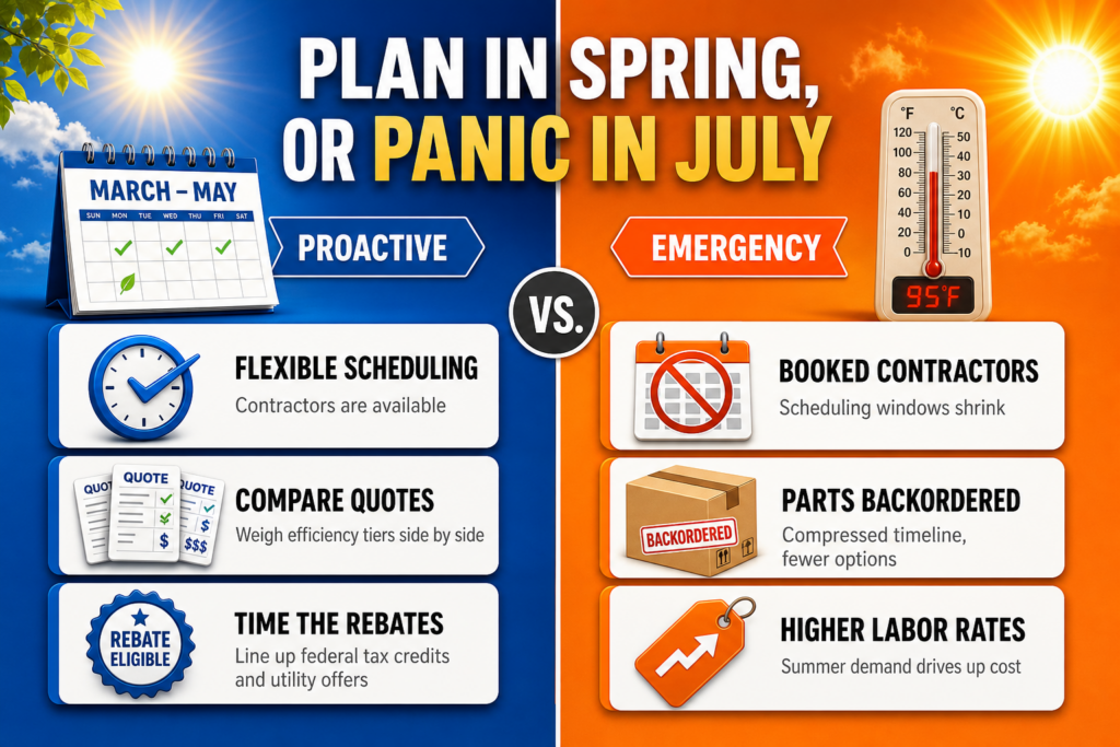 Split-screen comparison of a proactive March-May AC replacement versus a July emergency replacement: flexible scheduling, quote comparison, and timed rebates on the planning side; booked contractors, backordered parts, and higher labor rates on the emergency side.