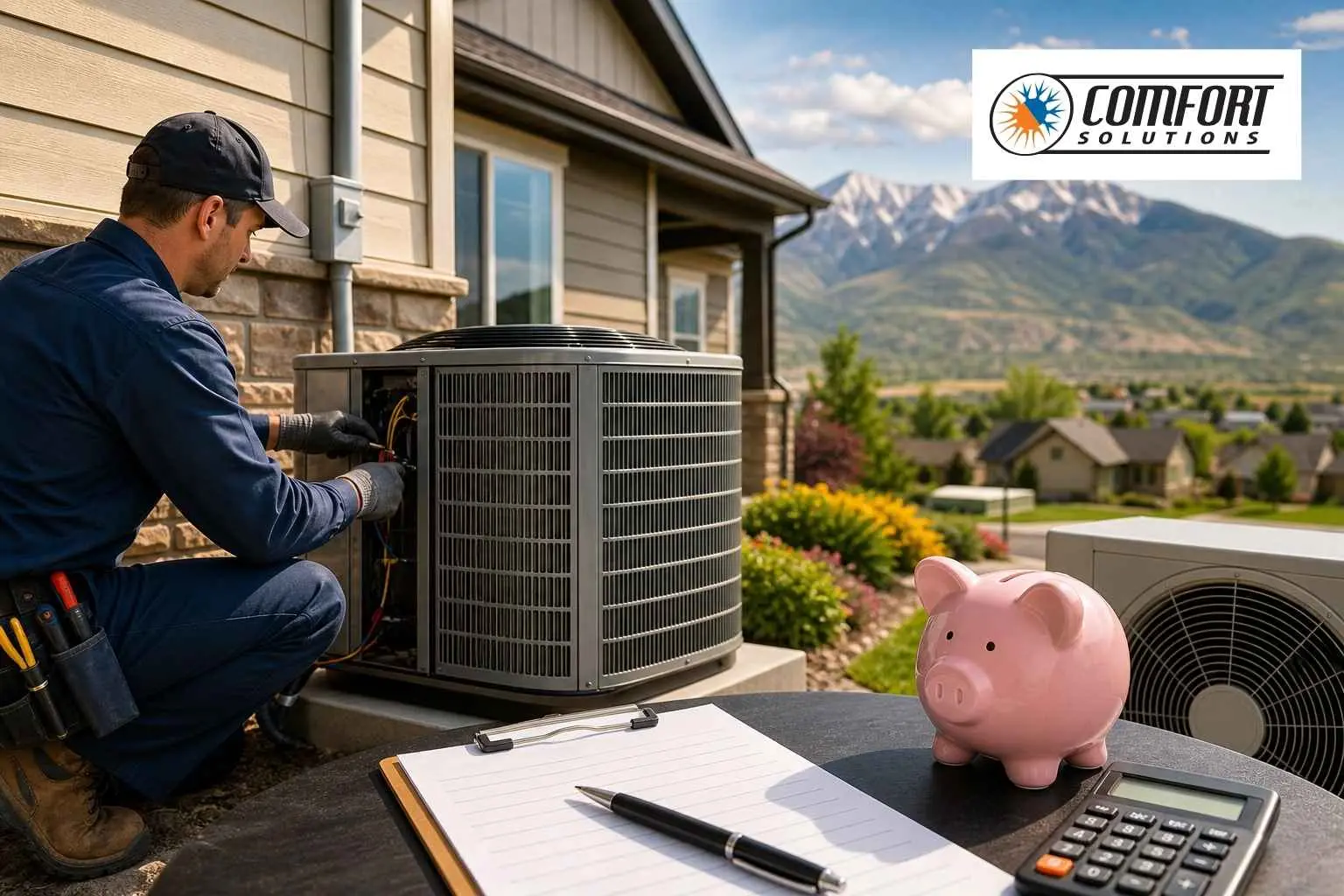 Comfort Solutions HVAC technician installing a new central air conditioner outside a West Haven, Utah home, with mountains in the background and a clipboard, calculator, and pink piggy bank symbolizing AC installation cost and budgeting in the foreground.