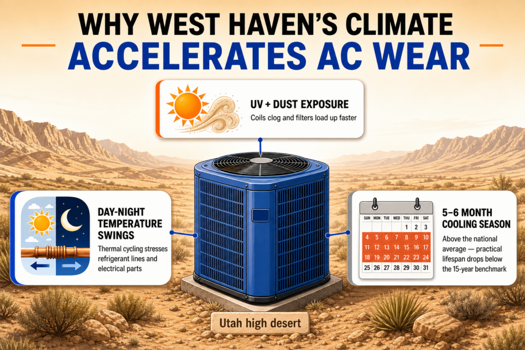 Three West Haven climate stressors that shorten AC lifespan: UV and dust exposure, day-night temperature swings, and a 5-to-6-month cooling season — arranged around a central outdoor condenser illustration.