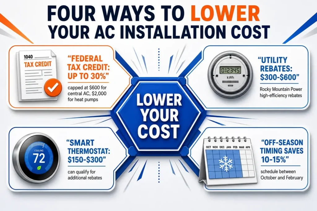 Radial infographic showing four ways to lower AC installation costs: federal tax credit up to 30%, utility rebates $300-$600, a $150-$300 smart thermostat, and off-season timing saving 10-15%.