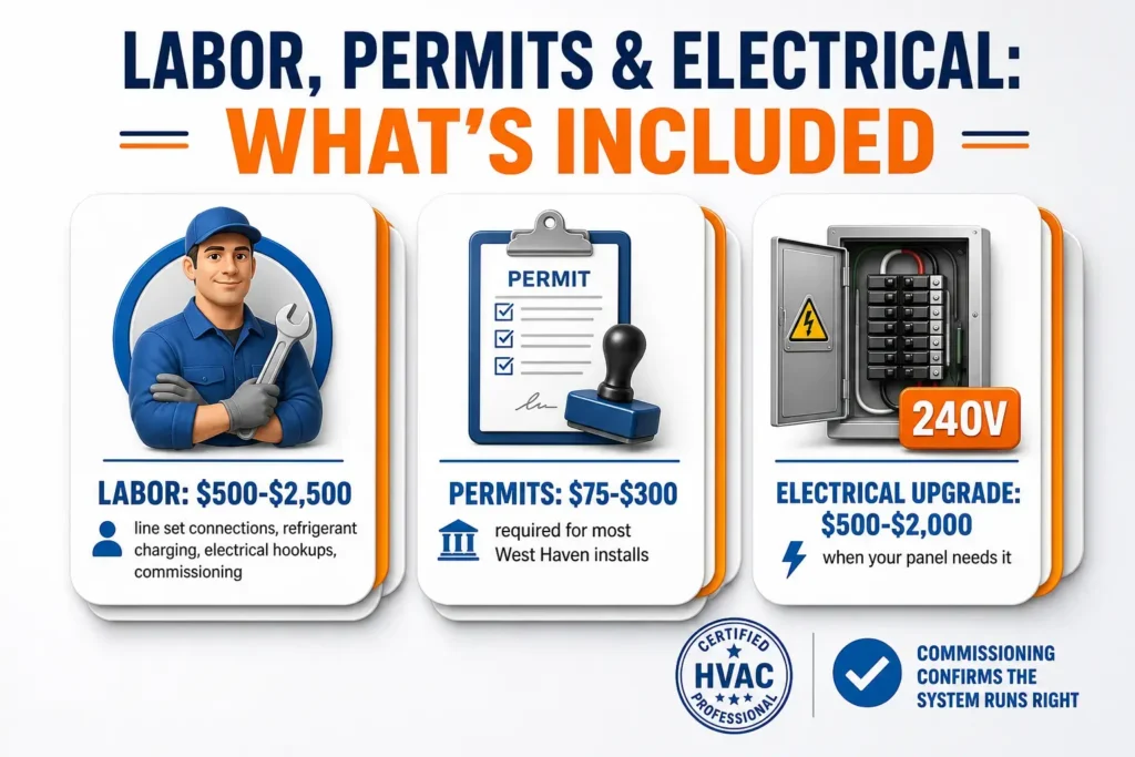 Card infographic breaking down AC installation labor ($500-$2,500), permits ($75-$300), and electrical upgrades ($500-$2,000), with a certified HVAC professional stamp.
