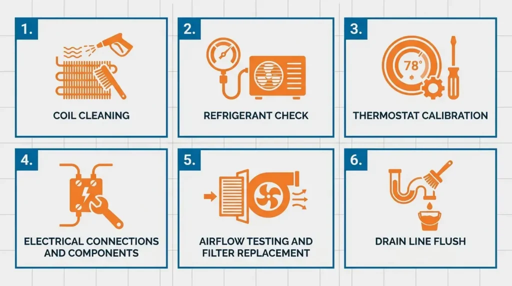 infographic checklist showing standard AC tune-up tasks including coil cleaning, refrigerant check, and thermostat calibration