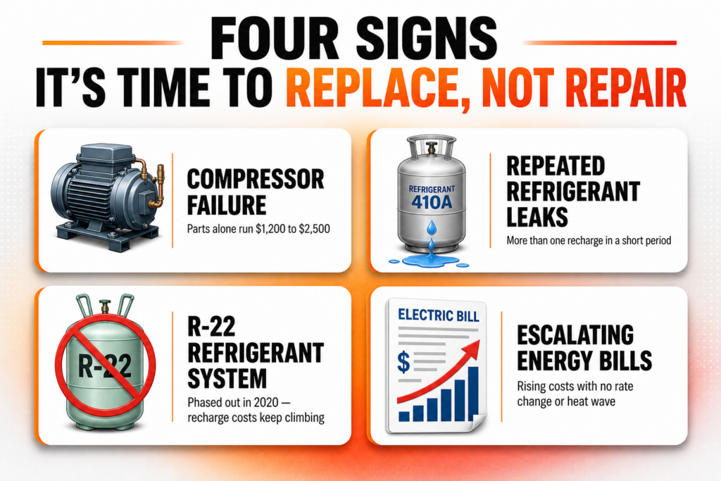 Four signs it's time to replace an AC unit: compressor failure, repeated refrigerant leaks, an R-22 system, and escalating energy bills with no rate change.
