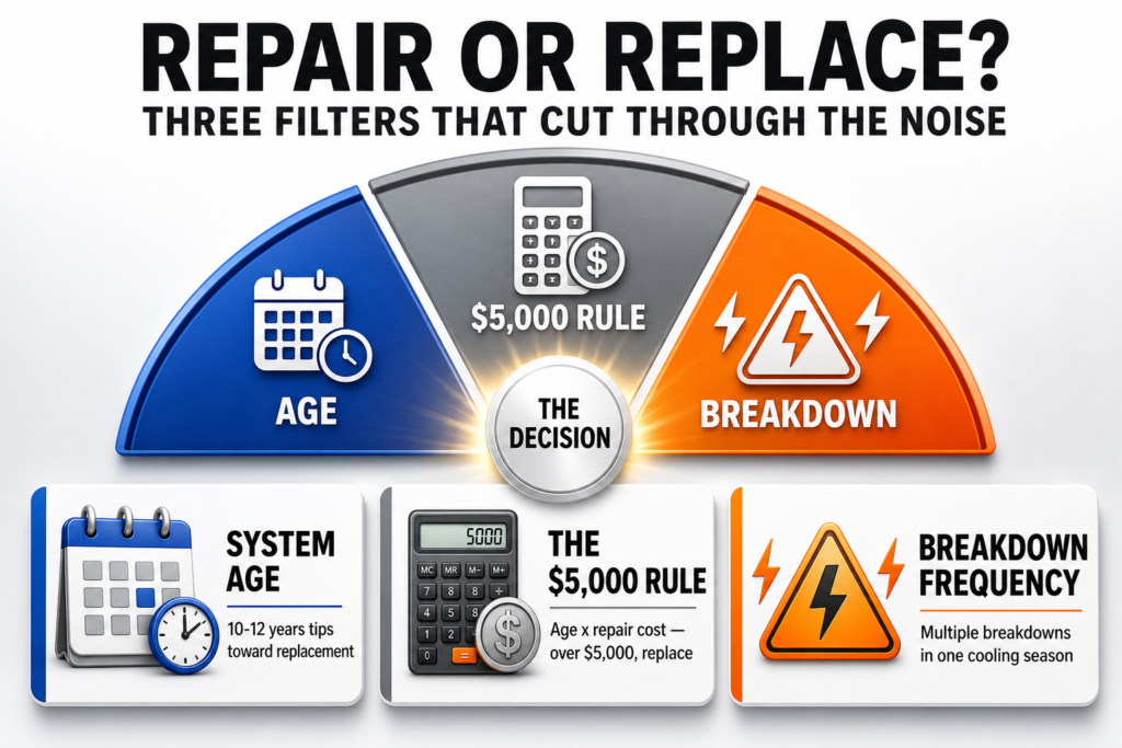 Decision framework showing three factors West Haven homeowners weigh before repairing or replacing their AC: system age, the $5,000 Rule, and breakdown frequency.