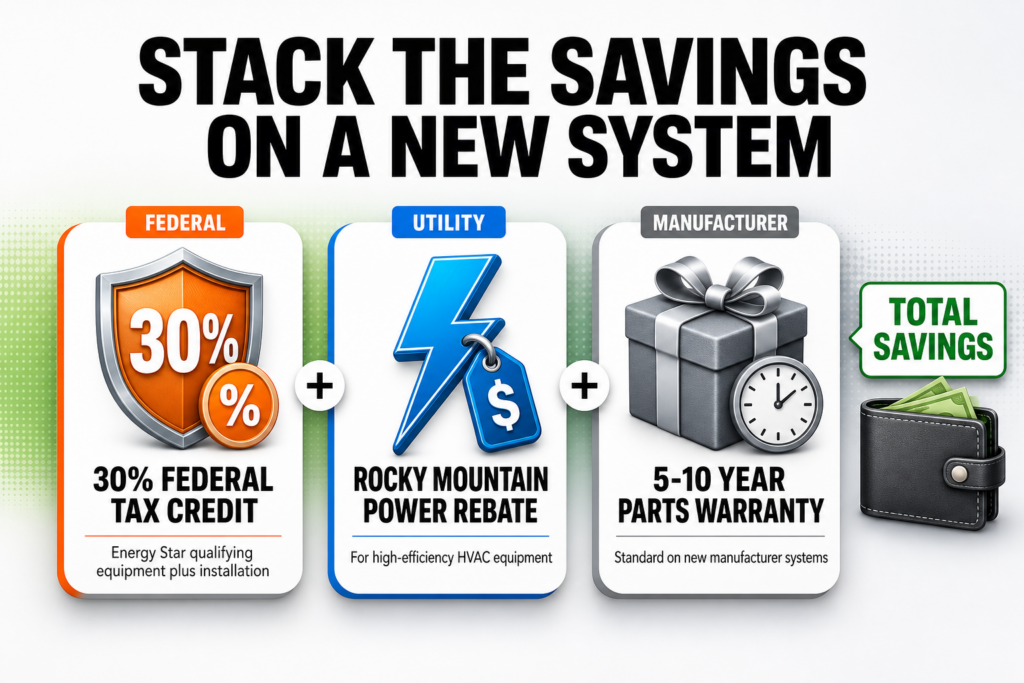 Three-card savings stack for a new AC in West Haven: a 30% federal tax credit, a Rocky Mountain Power rebate, and a 5-10 year manufacturer parts warranty.