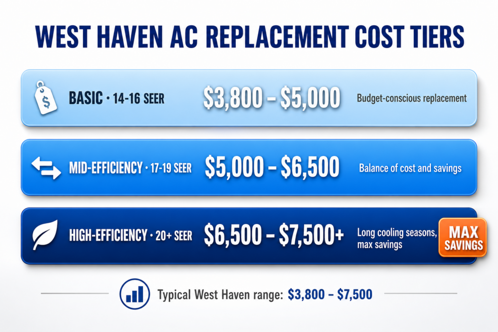 West Haven AC replacement cost tiers as a horizontal bar chart: Basic 14-16 SEER ($3,800-$5,000), Mid-efficiency 17-19 SEER ($5,000-$6,500), and High-efficiency 20+ SEER ($6,500-$7,500+).