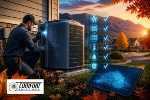 Technician servicing an air conditioner in fall with a maintenance checklist overlay