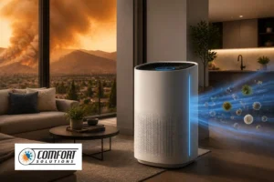 Air purifier in a living room with wildfire smoke outside the window