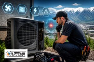Technician diagnosing an outdoor air conditioner that has stopped working