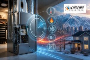 Home furnace with a clock graphic illustrating furnace lifespan