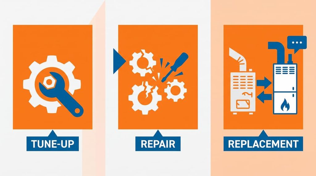 Three panels comparing furnace tune-up, repair, and replacement services with icons and labels