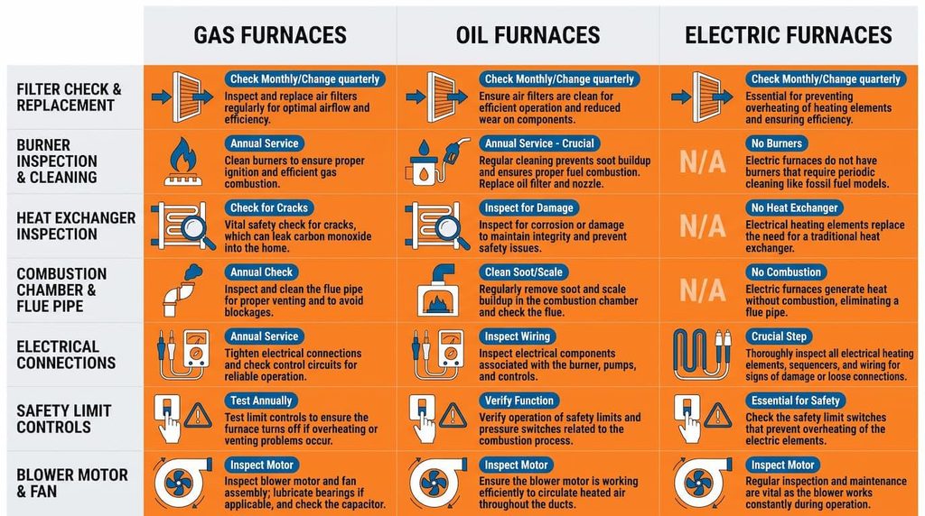 Comparison matrix of maintenance checks required for gas, oil, and electric furnaces