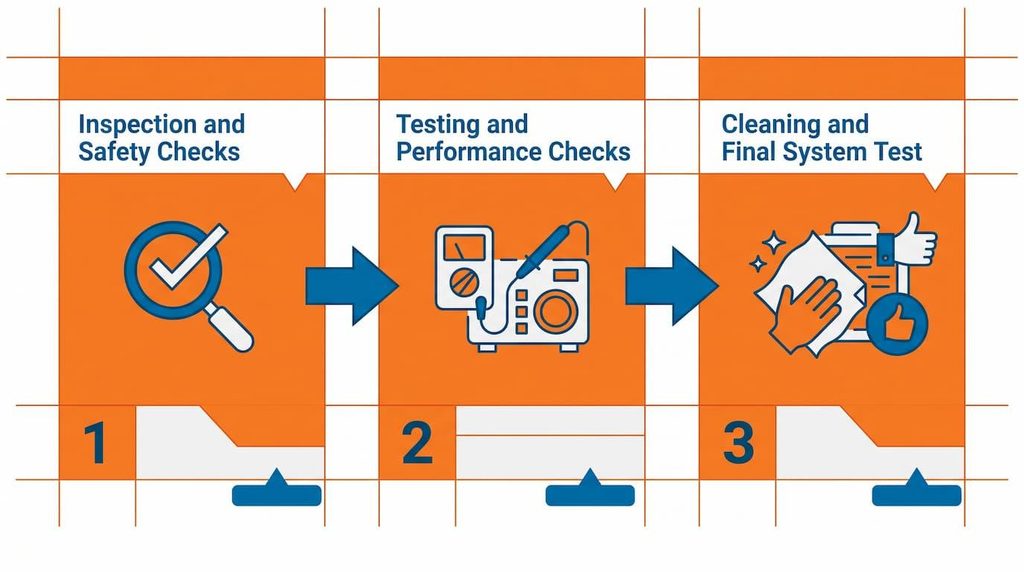 Three-step furnace tune-up process showing inspection, testing, and cleaning stages