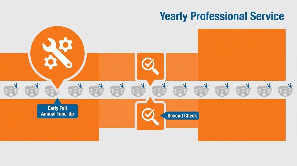 Seasonal timeline showing early fall tune-up, optional mid-season check, and yearly service recommendation